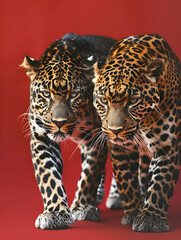Panther with White Spots and Leopard Walking Together Against Red Background