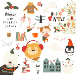 Naklejka premium Winter set with Cute Animals, Girl and Holiday Elements. Vector illustration