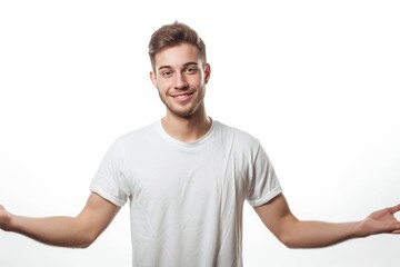 Obraz premium A young man in a white t shirt on a white background.