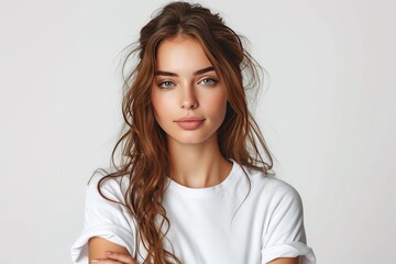 Fototapeta premium A young woman in a white t shirt on a white background.