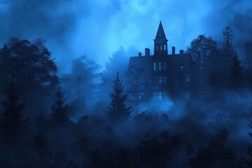 Spooky Halloween Background with Haunted House and Moonlight