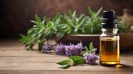 Premium grade essential oil bottle with hyssop, really lifelike photographic style, on wooden table