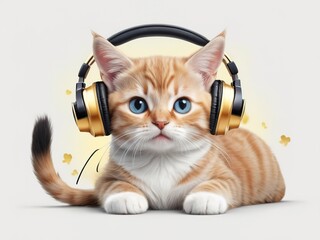 Cute and funny cat with headphones, clip art illustration on white background