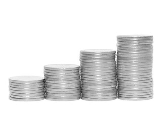 Stacks of silver coins arranged in ascending order on transparent background, representing financial growth, investment, saving, wealth accumulation. Ideal for concepts business, banking, economy