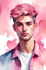 pink theme guy portrait abstract gradient painting watercolor illustration design copy space