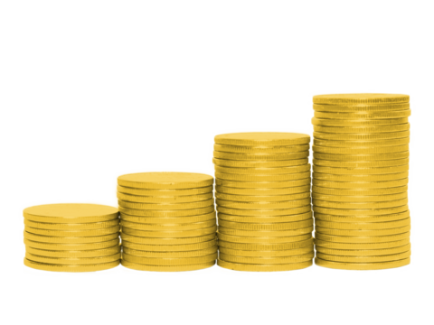 Stacked gold coins forming  financial growth, successful investment, and increasing wealth. Ideal for concepts related to savings, economic development, business success, and financial planning