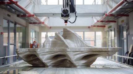 A 3D printer in action, extruding layers of concrete to construct a large-scale architectural structure.