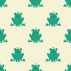 Adorable green frogs hand drawn vector illustration. Funny animal character seamless pattern for kids fabric or wallpaper.