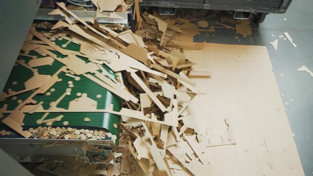 Waste from cardboard production machine moves along conveyor. Close-up of waste in corrugated package factory. Paper pulp industry. Production cardboard packaging from recycled materials, waste paper.