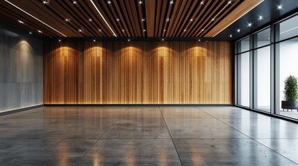 Empty Contemporary Event Hall with Wooden Paneling and Glass Walls