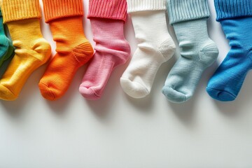 a flat lay composition of pastel colored baby socks on a white background, copy space, place for text