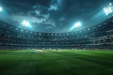Floodlit cricket match held under a dramatic, cloudy evening sky in a stadium.