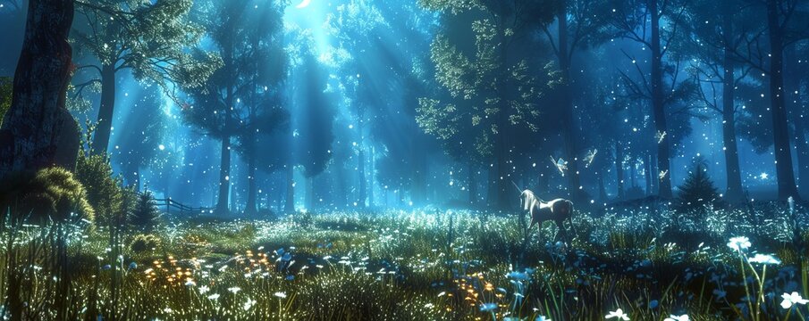 An enchanted glade where unicorns graze and fairies dance in the moonlight.