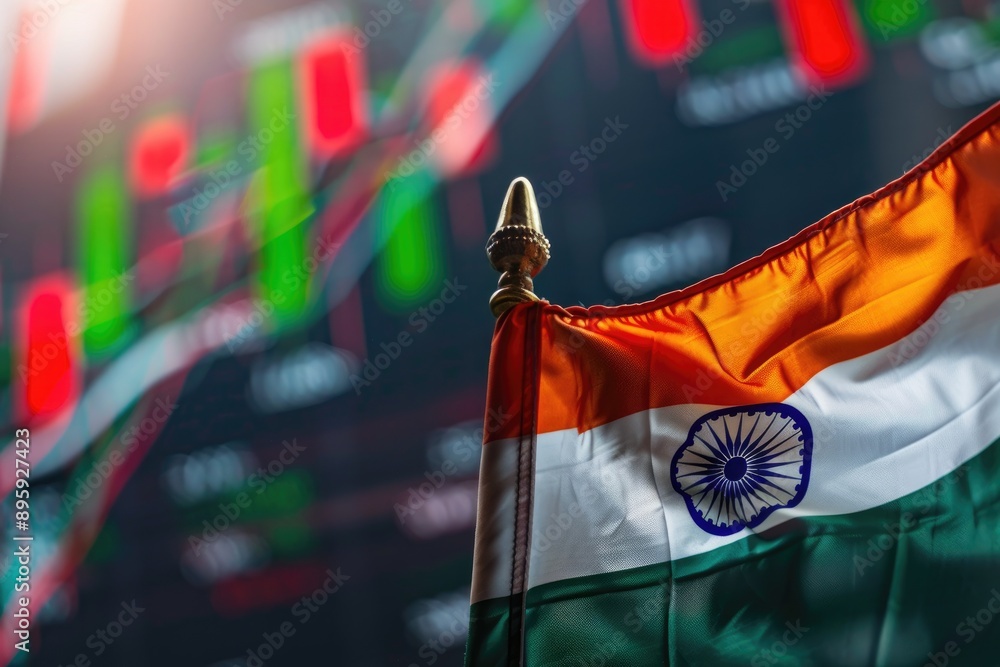 Poster indian flag waving with stock market graphs in background