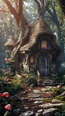 Obraz premium Enchanted Forest Fairy Tale Cottage, 4K hyperrealistic photo