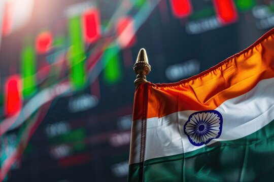 Indian flag waving with stock market graphs in background