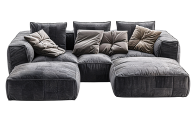Modern sectional sofa with plush cushions in neutral tones, perfect for a stylish living room or lounge area.