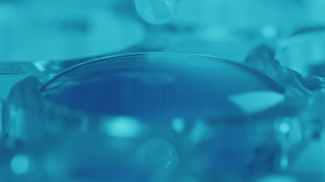 Macro view of colorless liquid dripping into well of microplate during medical testing in laboratory