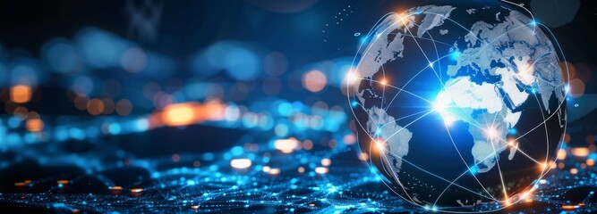 Global communication network connecting cities around the world with data