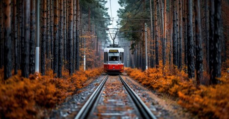 Fototapeta premium A red tram travels through a scenic forest on a sunny autumn day. The trees are a mix of vibrant reds and yellows, and leaves cover the ground