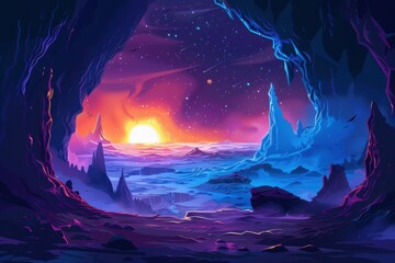 Fototapeta premium Mystical alien landscape with vibrant colors and glowing rocks