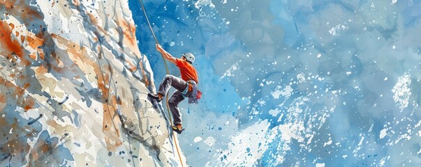 A watercolor painting of a rock climber scaling a challenging cliff face, their determination and focus evident in their every move.