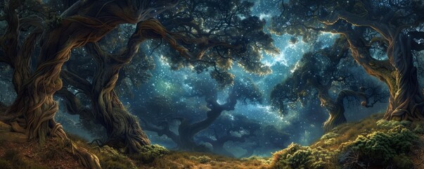 Obraz premium An ancient forest cloaked in twilight, with twisted branches reaching towards a star-filled sky.