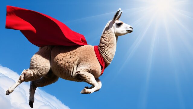 Super Llama wearing red cape flying in the sky, blue skies, sun, landscape,

animal, horse, cartoon, farm, mammal, vector, illustration, isolated, deer, white, goat, nature, animals, wild, donkey, bro - Powered by Adobe