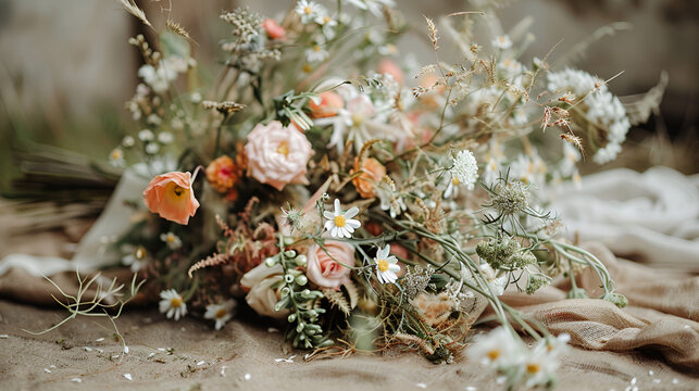 wedding flower bouquet on white table. rose flowers decoration, A luxurious delicate wedding bouquet of roses and eustom , elegant wedding bouquet of fresh natural flowers and greenery
