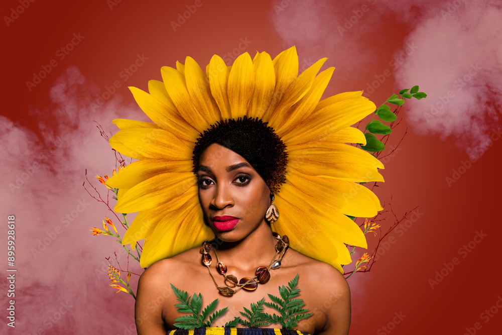 Sticker Composite collage image of attractive stunning african female sunflower crown nature queen freak bizarre unusual fantasy