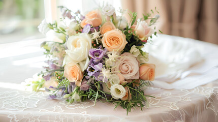 wedding flower bouquet on white table. rose flowers decoration, A luxurious delicate wedding bouquet of roses and eustom , elegant wedding bouquet of fresh natural flowers and greenery
