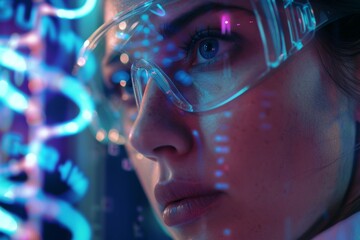 Close-up of a scientist wearing goggles and examining data with futuristic technology holograms Generated AI