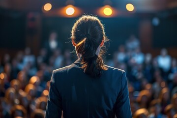 Obraz premium Rear view of a professional woman giving a speech to an audience at a conference or seminar. Generated AI