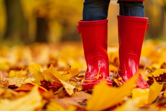 Close-up of child wearing red rain boots standing in colorful autumn leaves, evoking a sense of outdoor adventure during fall season. Generated AI
