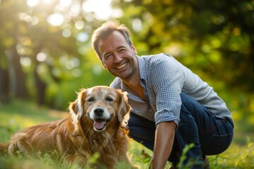 Man happily spending time with his golden retriever in a sunlit park, both smiling at the camera. Generated AI