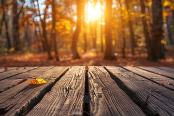 Sunlight filters through autumn trees, illuminating a wooden walkway and fallen leaves, creating a warm and peaceful setting. Generated AI