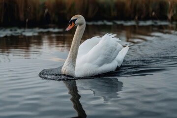 Obraz premium A majestic white swan gracefully swims across a calm lake, casting a serene reflection on the water under a silent natural setting with reeds lining the shore.