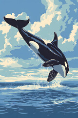 Fototapeta premium Travel poster illustration, Orca whale diving out of the water, blue skies and clouds Ocean Sea Natural 3D HD Wallpaper
