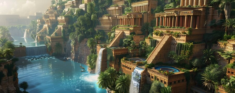 Ancient Babylonian Hanging Gardens, 4K hyperrealistic photo