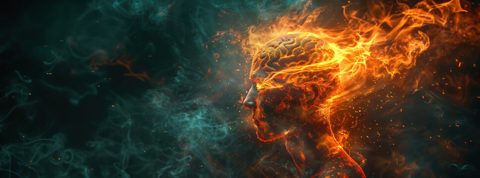 Man with head exploding in fire and smoke, brain made of energy glowing