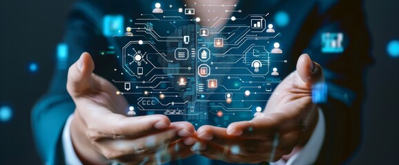 Businessman holding digital brain representing artificial intelligence