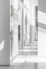 Obraz premium A modern minimalistic hallway featuring white light patterns and sleek architectural design elements.