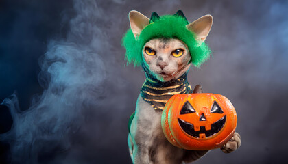 Naklejka premium halloween, katze, sphinx, kostüm, kürbis, jack, o, laterne, haltend, neu, tier, party, copy space, qualm, nebel, grau, grün, perücke, orange, abbildung, cartoons, 3d, glow, neon, farbe, ad, y2k, fall,