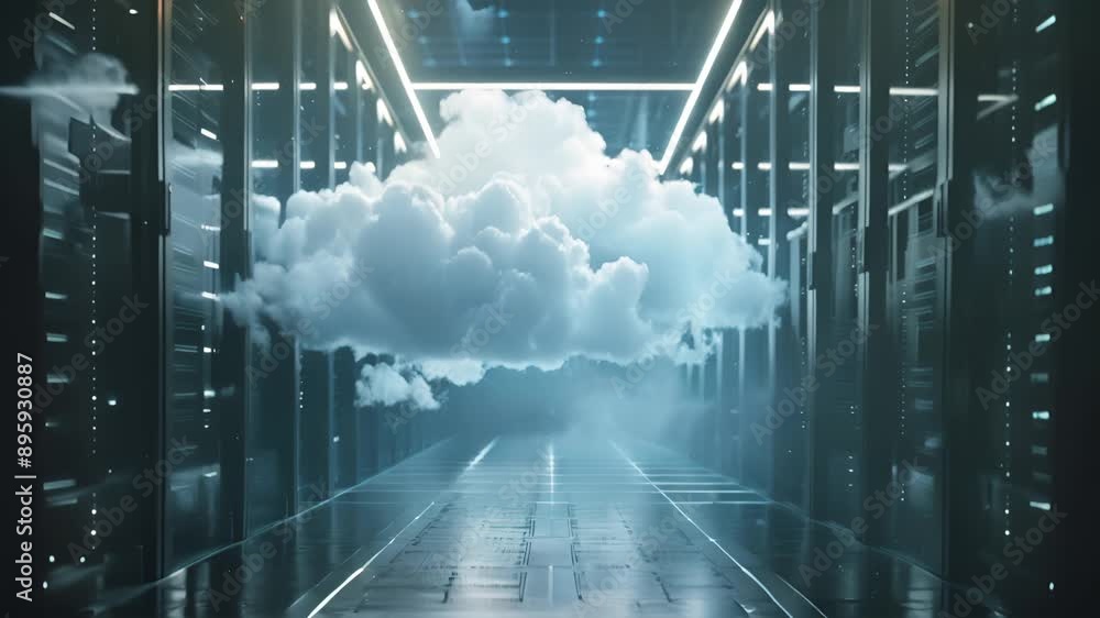 Poster cloud with data center server room, data being transferred from on-premises servers to cloud storage