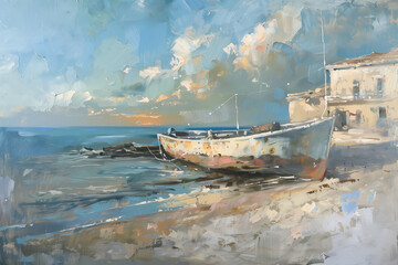Naklejka premium An old, abandoned boat rests on a sandy beach with a backdrop of a gentle sky, evoking feelings of solitude and nostalgia.