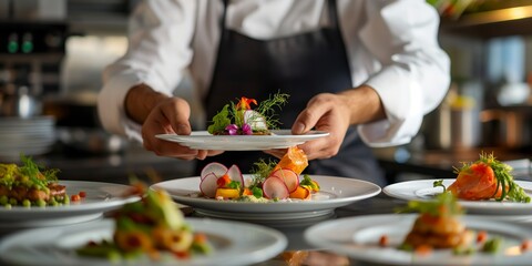 A chef meticulously arranges dishes embellished with vibrant, fresh garnishes in a professional kitchen setting.