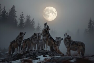 Naklejka premium A group of six wolves gathered on a rock, all howling together at the bright, full moon in a nighttime forest setting, with mist creating an eerie and enchanting atmosphere.