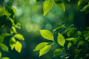 An array of green leaves bask under the sunlight in a forest, creating a serene and peaceful atmosphere of nature.