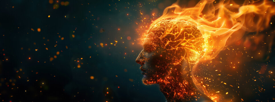 Man with head exploding in fire and smoke, brain made of energy glowing