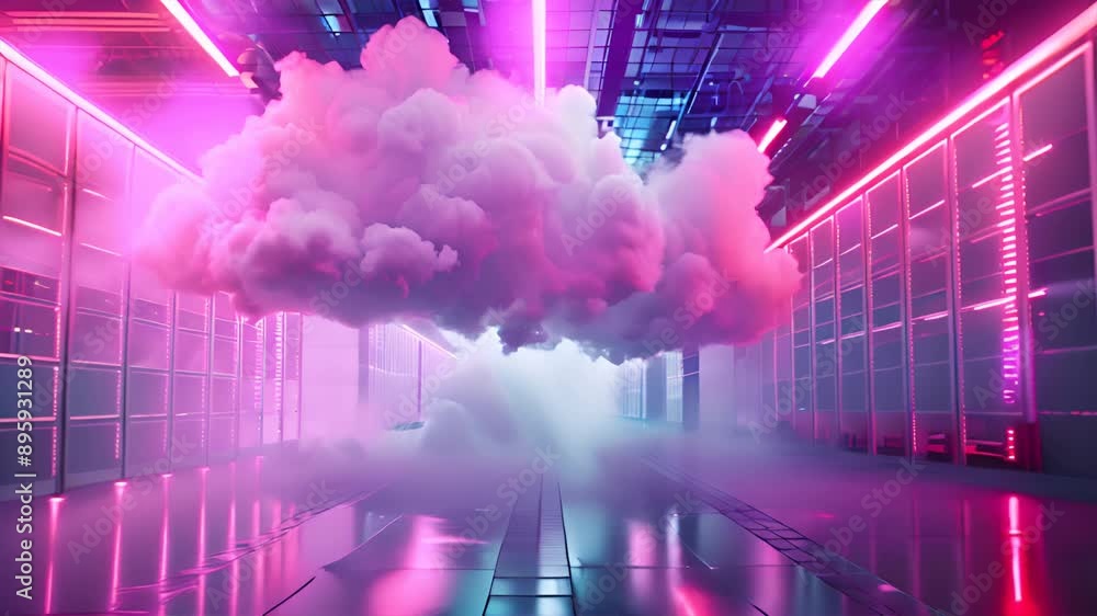 Poster cloud with data center server room, data being transferred from on-premises servers to cloud storage